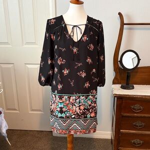 Takara Black Dress with Floral and Geometric Patterns